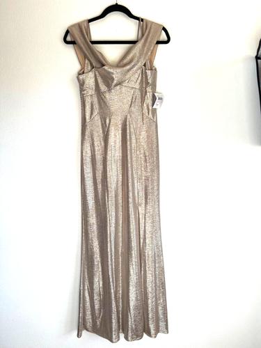 Nightway Long Formal Off-Shoulder Side Slit Evening Champagne Gold Gown Size 6 - Picture 3 of 15