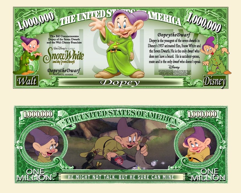Dopey from Snow White Novelty Dollar Bill comes In a Soft Polly Sleeve