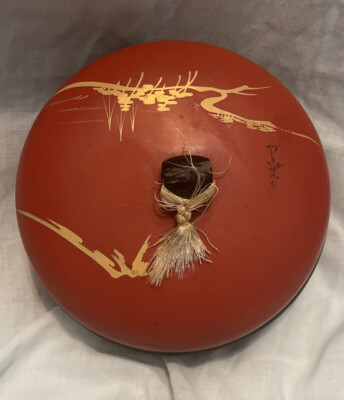 Vintage 1940's Japanese Red Lacquer Box - Round Red Burgundy