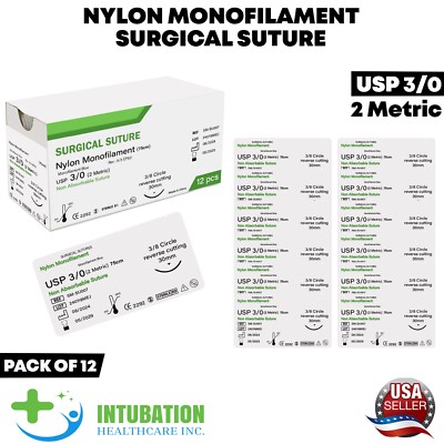 3/0 Suture Nylon Monofilament Thread Sterile Sutures Threads & Needle Box 12 Pcs