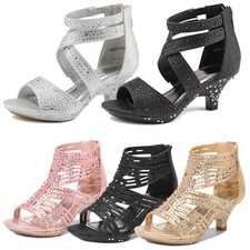 Girls Heeled Sandals 1.8 inch Pumps Back Zipper Party Wedding Dance Shoes
