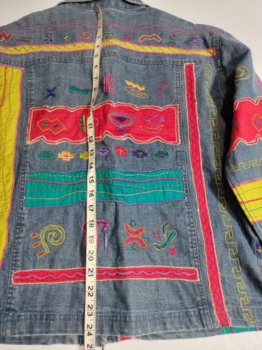 Chicos Design Large Blue Denim Multicolor Embroidered Southwestern Button Jacket - Picture 10 of 11