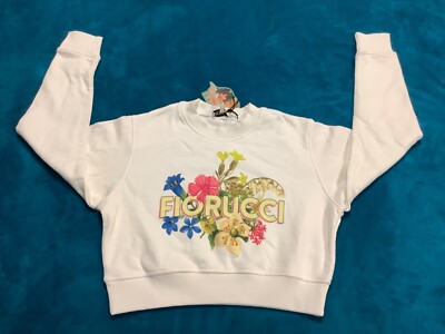 Fiorucci Floral Cotton Graphic Logo Long Sleeve Crew Neck Crop Sweatshirt M 