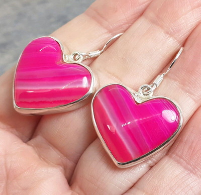 Heart 925 Silver PINK BOTSWANA AGATE Earrings Valentine E367~Silverwave*uk