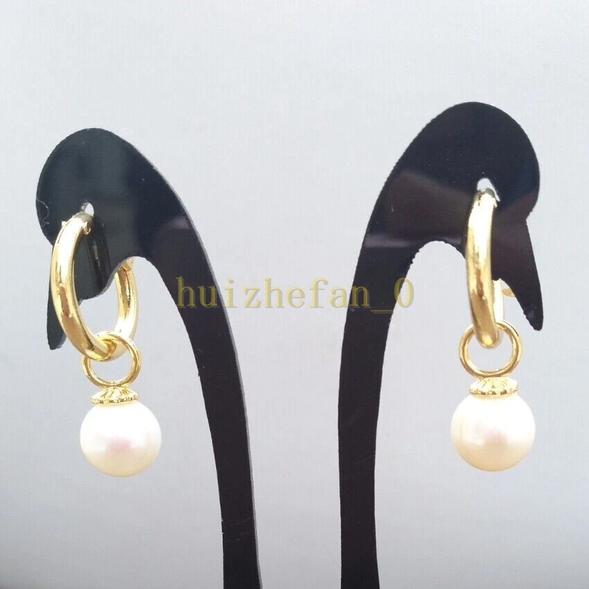 7-8mm natural akoya white AAA round pearl earrings 14k Yellow Gold P Lever Back - Image 2 of 4