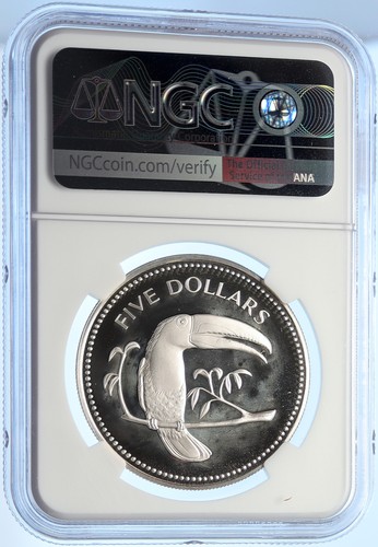 1974 BELIZE Avifauna Toucan BIRD VINTAGE Proof Silver 5 Dollar Coin NGC i106384 - Picture 4 of 5