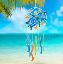 BLUE HANDWORKS CUT GLASS TURTLES & STARFISH WIND CHIME OCEAN BEACH COASTAL DECOR