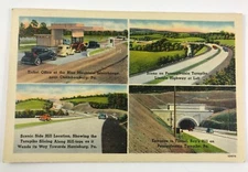 Pennsylvania Turnpike Chambersburg Multiview Old Cars Linen Postcard c. 1944