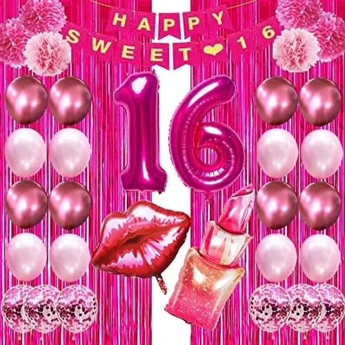 Crenics Hot Pink Sweet 16 Birthday Decorations for Girls - Happy Sweet 16  Bir