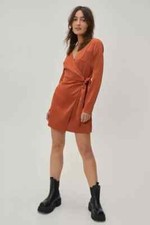 Nasty Gal Petite Burnt Orange Long Sleeve Wrap Mini Dress UK 6 +  NWT RRP £55