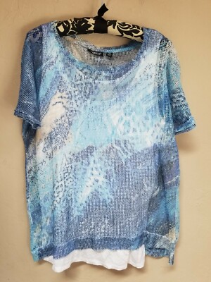 Onque Casual Womens Scoop Neck Printed Mesh Overlay Top Medium Blue Short Sleeve