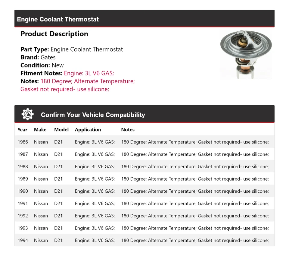 Para Nissan D21 1986-1994 3L V6 Motor Gas Refrigerante Termostato Puertas 1987 1988 Foto 2 de 4
