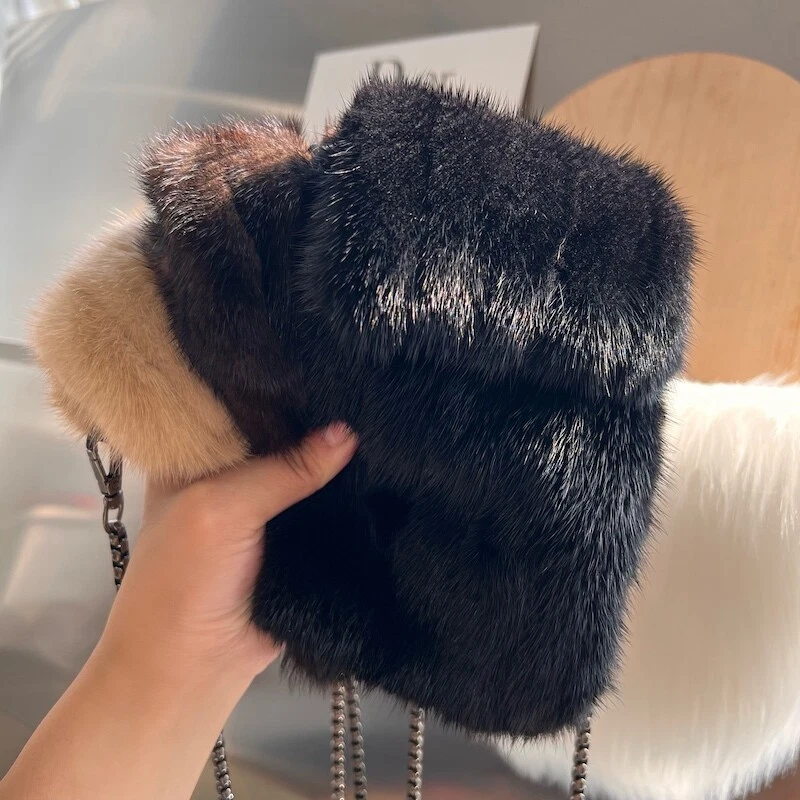 Womens Luxury Real Mink Fur Purse Wallet Phone Pouch Party Bag Crossbody  Bag