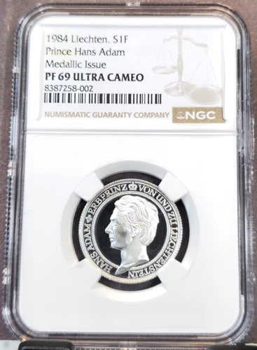 1984 LIECHTENSTEIN SILVER 1 FRANKEN PRINCE HANS NGC PF 69 ULTRA CAMEO TOP POP 1