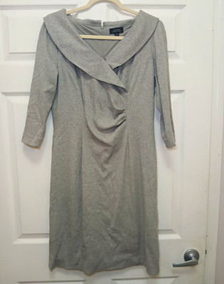 Tahari Arthur S. Levine Silver Solid Knit Sheath Dress 10 Off Shoulder 3/4