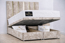 Image of Crushed Velvet Panel Gold Strip Solid Ottoman Lift Up Storage Bed / All Colours