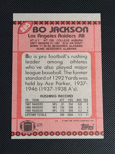 1990 Bo Jackson Los Angeles Raiders # 285 Topps Football Card NM-MINT - Picture 2 of 6