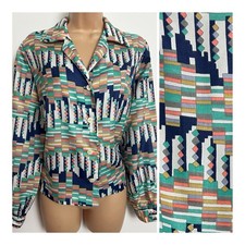 Vintage 70s Green Orange Navy Mustard Abstract Geo Print Long Sleeve Shirt 14-16
