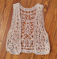 Vintage 90s Ribbon Macrame Lace Vest Size Small Festival Boho Crop
