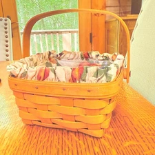 LONGABERGER Medium BERRY basket W/Fruit Medley Liner, Plastic Protector, CLEAN