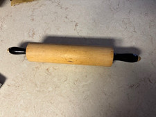 VTG 17.5" Wood Rolling Pin 10.25" Barrel w/ Black 3.5" Handles Farmhouse D27