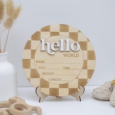 Baby Announcement Sign 6.5 Inch Wooden Hello World Newborn Name Checkered
