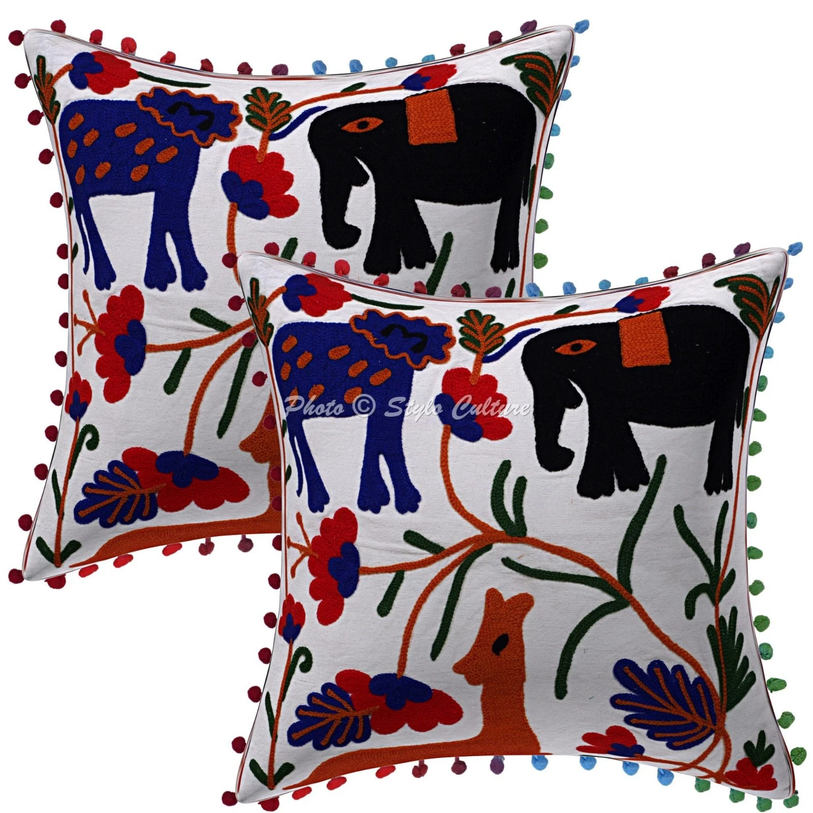 Ethnic Suzani Embroidered Pom Pom Throw Pillow Covers Cotton Floral White Decor