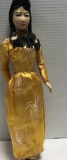 VTG 1960s Vietnamese Woman Doll In Traditional Yellow Dress 16  War Era Souvenir