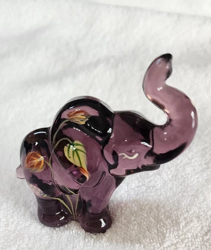 Fenton Elephant Purple Hand Painted Flowers Signed Art Glass Figurine 3 in.
