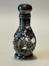 Antique Japanese Sterling 950 Silver Cherry Blossom Overlay Glass Salt / Pepper