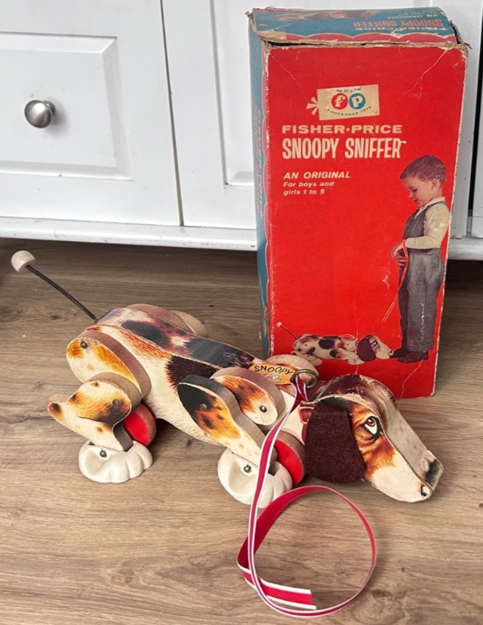 Vintage 1961 Fisher Price Snoopy Sniffer Dog Wooden Pull Toy #181~Original Box