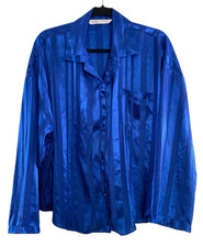 Vintage Victorias Secret Women's Royal Blue Stripe Silk Feel Button Pajama Top L