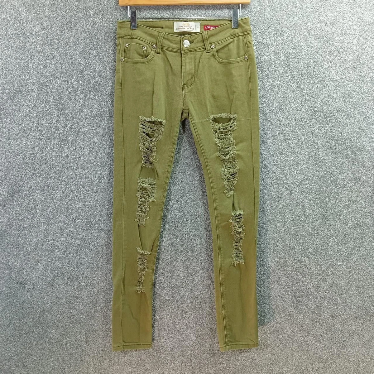 COSMIC KHAKI SKINNY RIPPED JEANS LOW RISE Y2K STRETCH DENIM UK 10