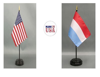 Made in the USA--1 American & 1 Country Rayon 4''x6'' Office Desk Flag & 2 Stands