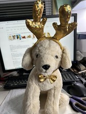 FAO Schwarz 15  Golden Retriever Puppy Plush Dog Reindeer Headband and Bow Beige