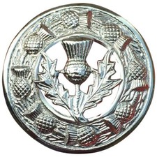 Kilt Fly Plaid Brooch Scrolling Thistle border chrome finish 3 inch Various