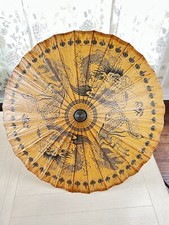 Vintage Asian Rice Paper Bamboo Umbrella Hand Painted