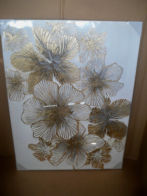 Bild Flores - Leinwandbild handgemalt UNIKAT Goldfarbene Blüten - ca.120 x 90 cm