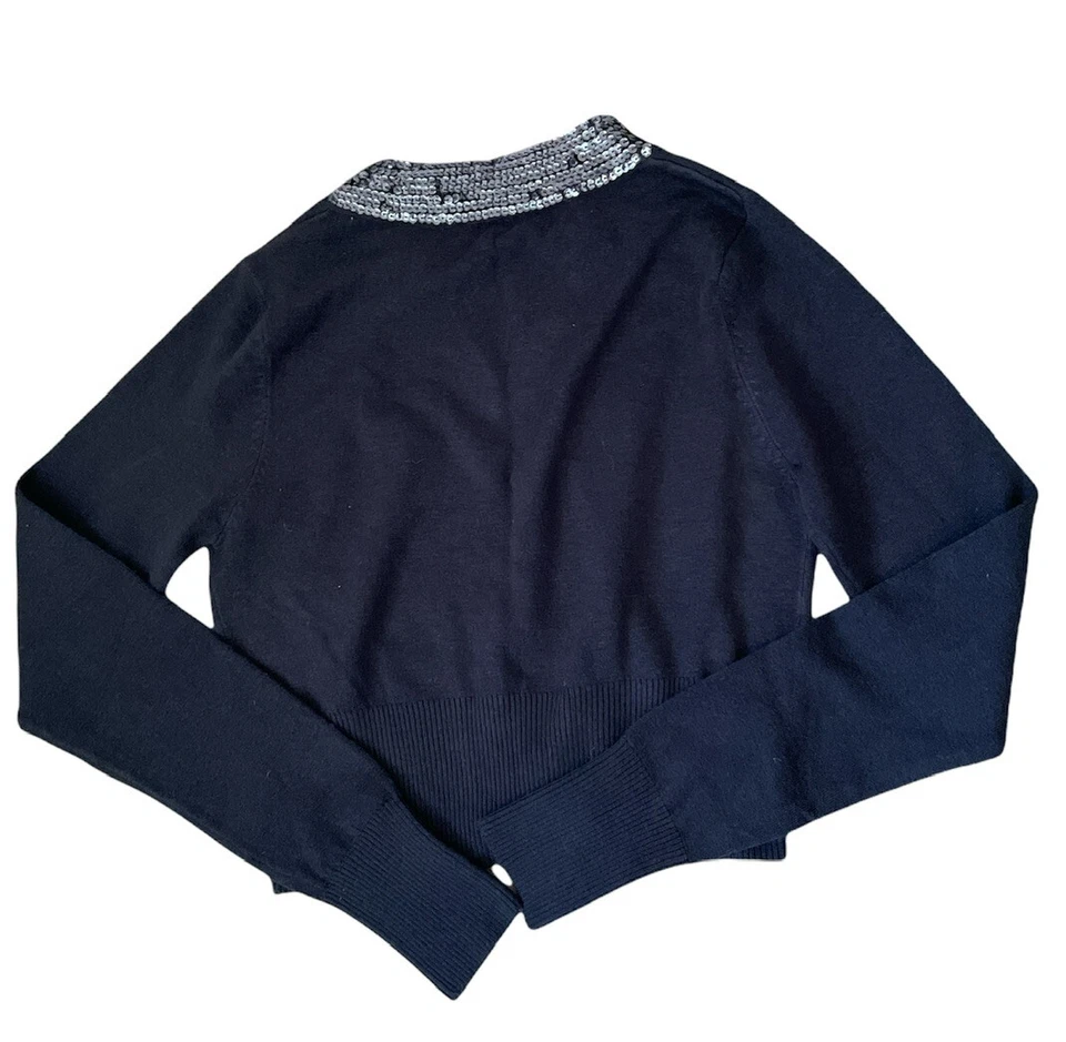 Forever 21 Vestido Negro Encogido Cárdigan S Suéter Manga Larga Plateado Secuencia Borde Foto 2 de 4