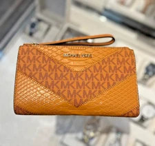 Michael Kors Large Yellow Double Zip MK Logo Wallet Wristlet Phone Holder Clutch