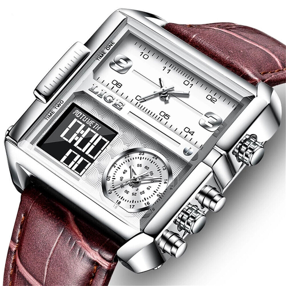 LIGE Men Square Watch Meshband Wristwatch Top Brand Male Digital LED Wristwatch