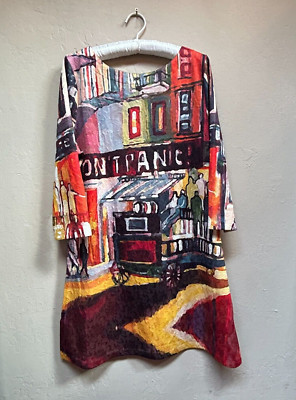 Tesoro Moda Womens Don't Panic Abstract Print Dress Medium 3/4 Sleeve Boho Multi