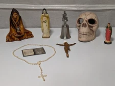 Lot of 8 Assorted Religious Statues, Halloween Candle Holder, And Other Items