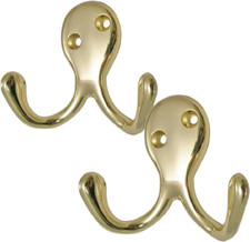 4 Pack of Brass Double Coat Hooks Door & Wall Robe Dress Garment Hangers