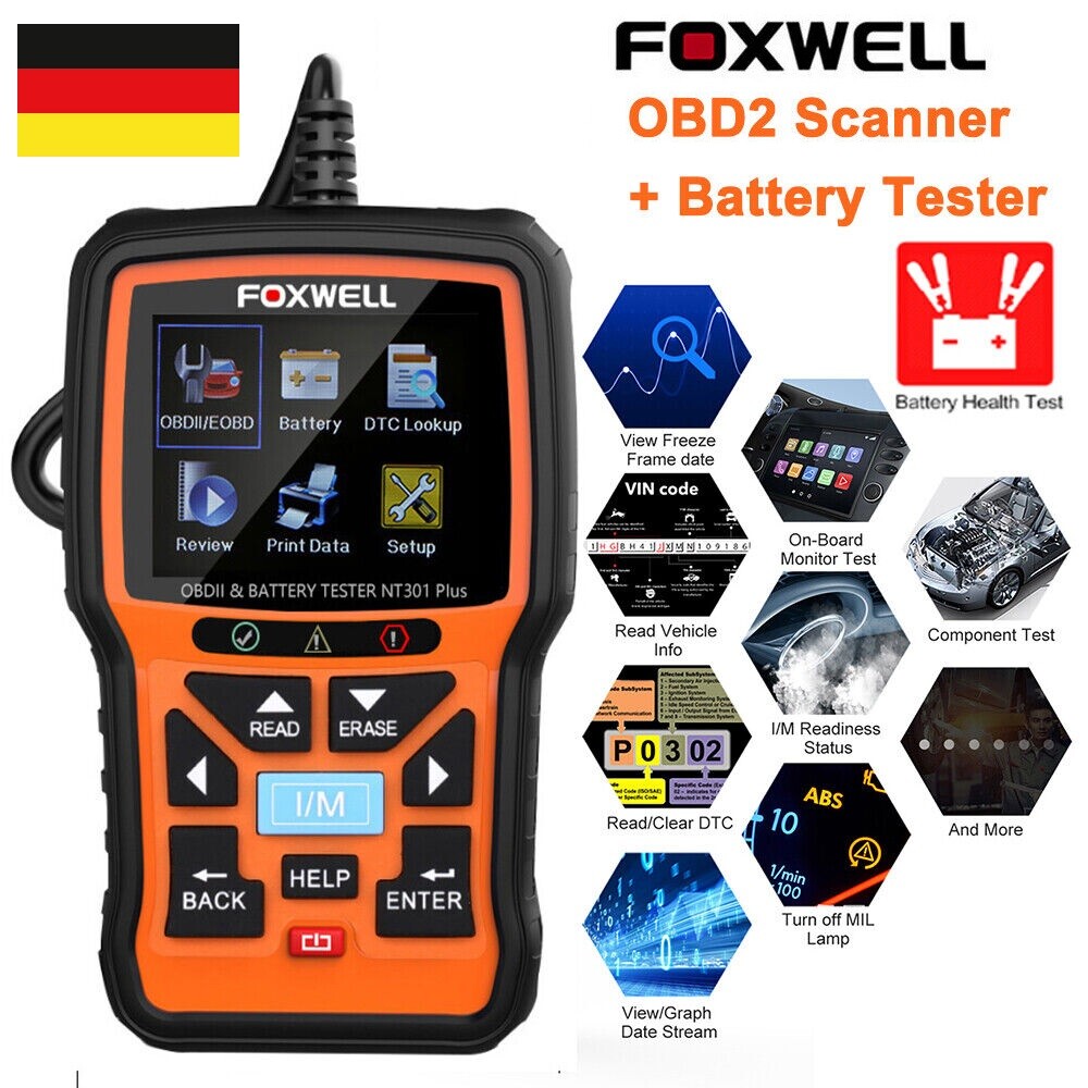 Foxwell Nt301 Plus OBD2 Scanner Eobd Code Leser 12V Batterie Tester Diagnosetool