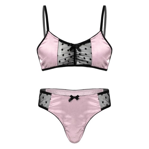 Männer Sissy Dessous-Set Satin Sheer Mesh Bustier BH Top mit Slip Unterwäsche - Bild 11 von 68