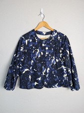 Neiman Marcus Blazer Womens 10 Blue Floral Cotton Spandex Lined One-Button