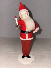 Vtg 50's Tall Thin RED SANTA Felt Cardboard Flock Plastic Face Figurine 7