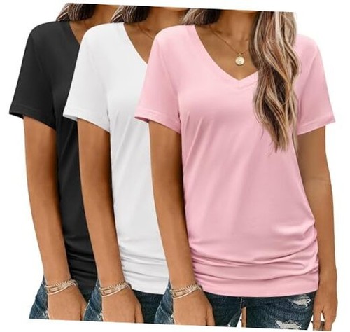 Womens T Shirts Short Sleeve V Neck Basic Tee Soft Casual Loose Fit Summer