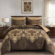 Mybedsoul Coffee Queen Size Comforter Set, 7 Pieces Damask Bed in a Bag
